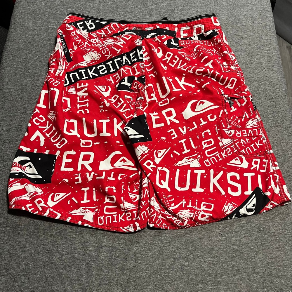 Quiksilver Mens Red All Over Logo Print Board Shorts Swim Trunks Size 36